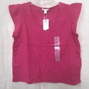 NWT Three Dots Fuchsia Pink‎ Double Cloth Cotton Gauze Flutter Sleeve Top Sz. S